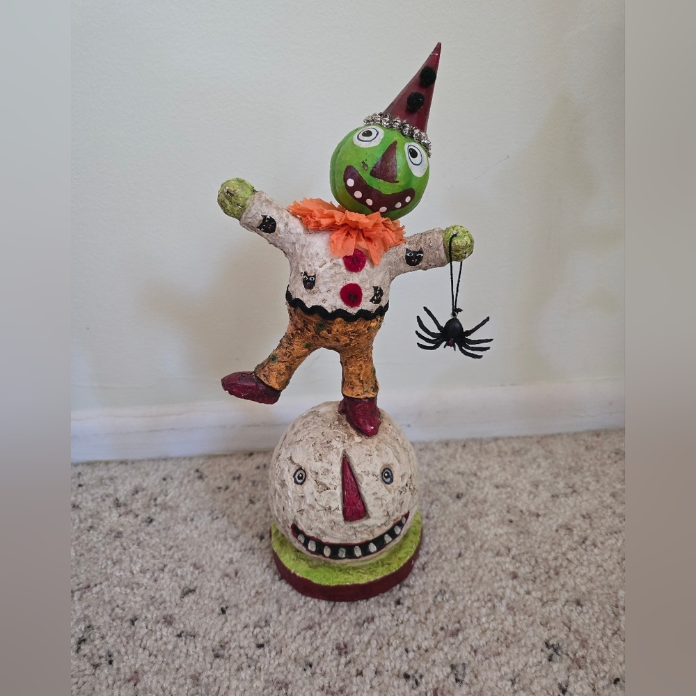 Whimsical Green and Orange Clown Figurine, Halloween Decor